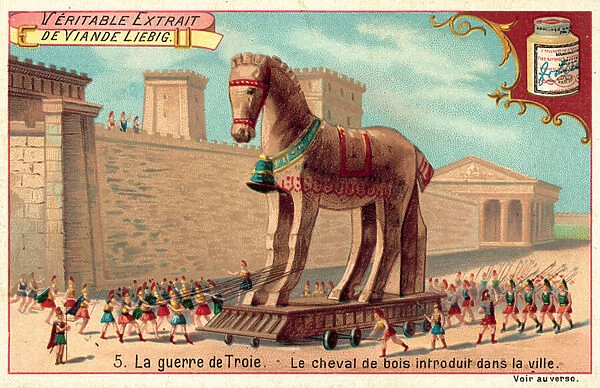 The wooden horse is brought inside the walls of Troy (chromolitho)