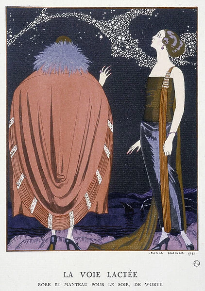 Worths Evening Dress and Coat: 'The Milky Way'- Illustration by George Barbier (1882-1932), in 'Gazette du bon ton', 1922