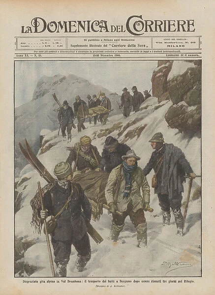 Wretched alpine trip to Val Brembana, the transport of the wounded to Bergamo after three remaining... (colour litho)