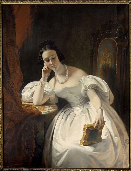 Young girl in the mirror. Painting by Claude Marie Dubufe (1790-1864), 1840