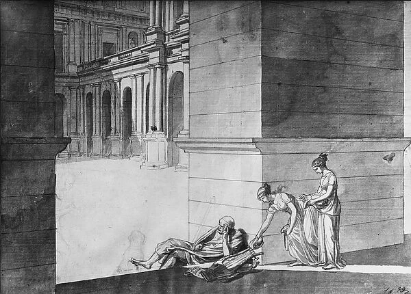 Two young girls bringing bread to Homer asleep, c. 1794 (pen & Indian ink on paper)