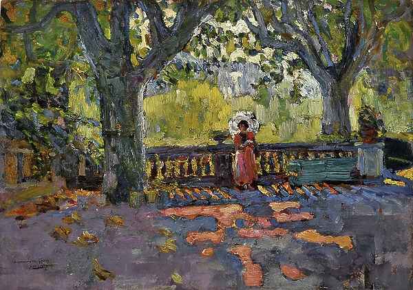Young woman has the umbrella on the shaded terrace. Painting by Jean-Jacques Roque (Jean Jacques Roque, 1880-1926). Oil on cardboard. Dim: 46x65cm. Mandatory mention: Collection fondation regards de Provence, Marseille