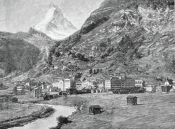 Zermatt and Matterhorn mountain, Switzerland, historic wood engraving, about 1897