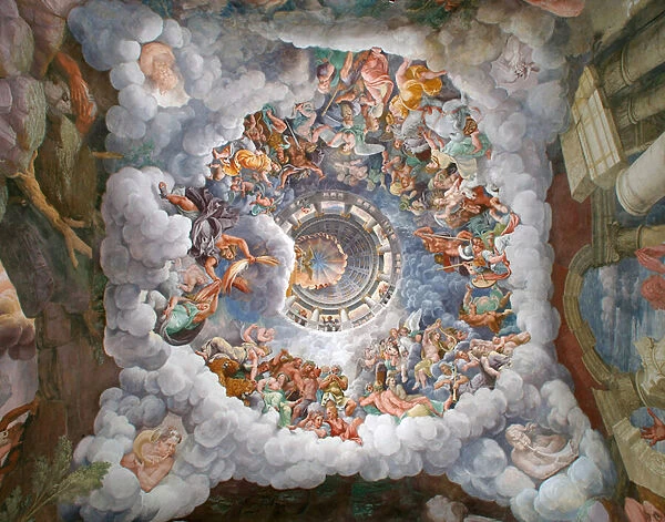 Zeus surrounded by other gods of Olympus throwing lightnings against the Giants and destructing them, vault and the South and West walls, Chamber of the Giants (Sala dei Giganti ), 1526-1528