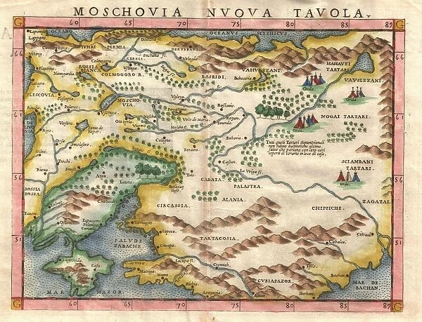 1574, Ruscelli Map of Russia, Muscovy and Ukraine, topography, cartography, geography