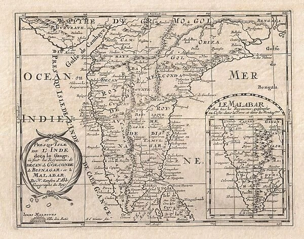 1652, Sanson Map of India, topography, cartography, geography, land, illustration
