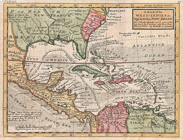 1732, Herman Moll Map of the West Indies and Caribbean, topography, cartography, geography