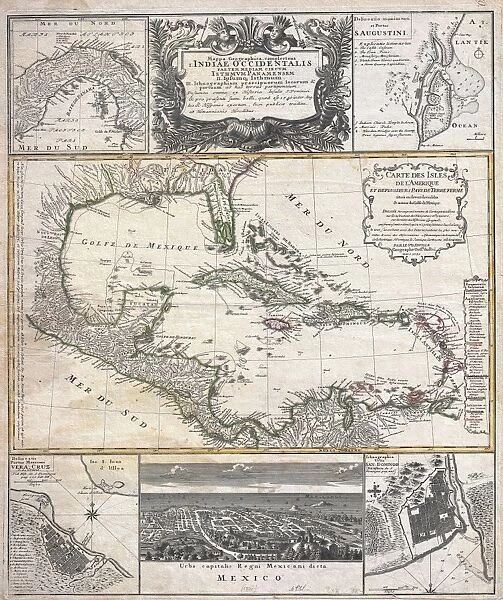 1737, Homann Heirs, D Anville Map of Florida and the West Indies, topography
