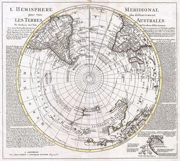 1741, Covens and Mortier Map of the Southern Hemisphere, South Pole, Antarctic, topography
