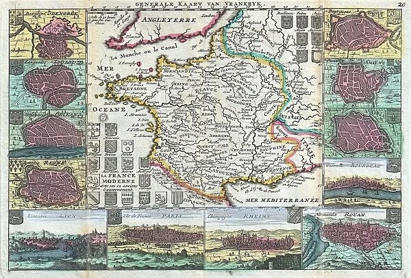 1747, La Feuille Map of France, topography, cartography, geography, land, illustration