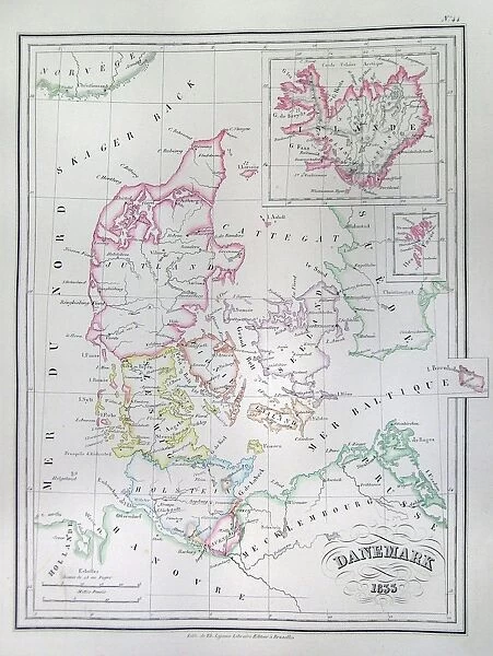 1833, Malte-Brun Map of Denmark, Iceland and Faeroe Islands, topography, cartography