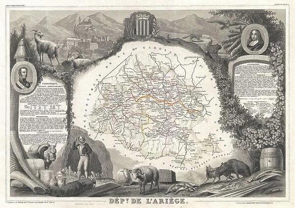 1852, Levasseur Map of the Department Ariege, France, Bethmale, Bamalous, Moulis