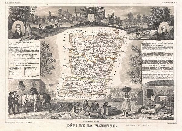 1852, Levasseur Map of the Department De La Mayenne, France, topography, cartography