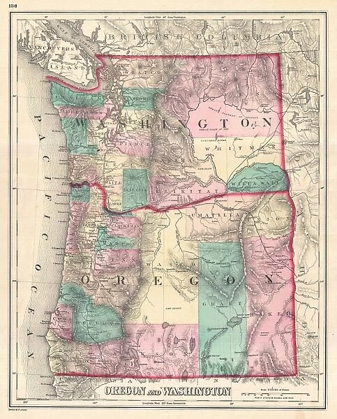 1875, Gray Map of Washington and Oregon, topography, cartography, geography, land
