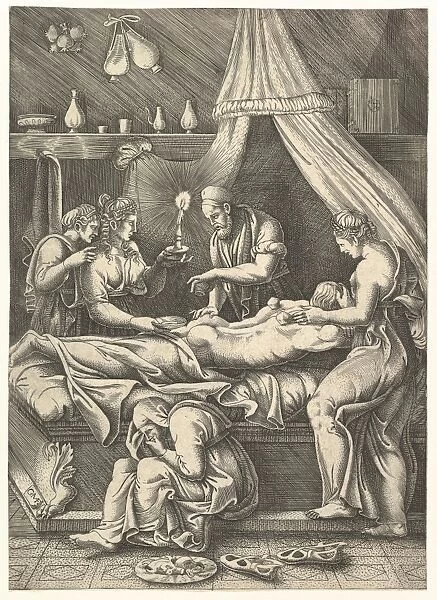 allegory sickness man laying prostrate bed surrounded