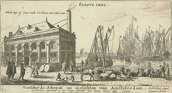 Amsterdam Harbour with the guardhouse, The Netherlands, print maker: Reinier Nooms