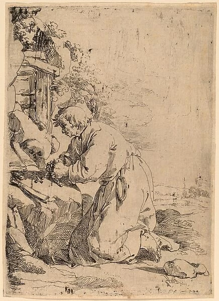 Andries Both (Dutch, 1611-1612 - 1641), The Kneeling Hermit Facing Left, etching