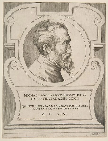 Bust portrait Michelangelo facing right set within