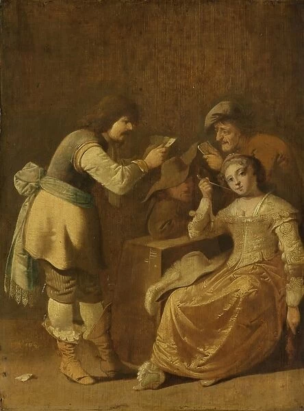 Card players with woman smoking a pipe, Pieter Jansz. Quast, 1630 - 1647