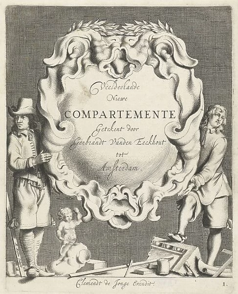 Cartouche with lobe ornament held up by two men, print maker: Michiel Mosijn, Gerbrand