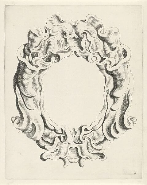 Cartouche with lobe ornament, overhead mask with open mouth, print maker: Michiel Mosijn