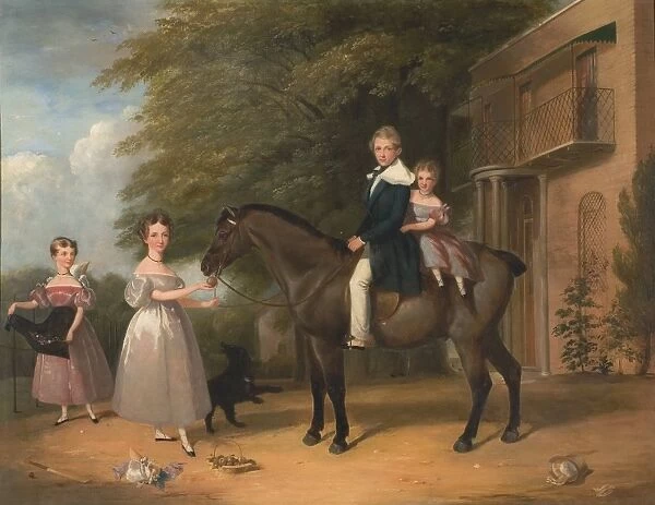 Children with Horse and Dog Signed and dated in brown paint, lower left: HYW