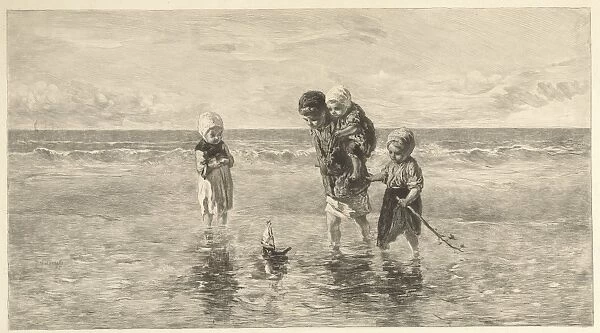 Four children playing with toy boat on the beach in shallow seawater, Carel Lodewijk Dake