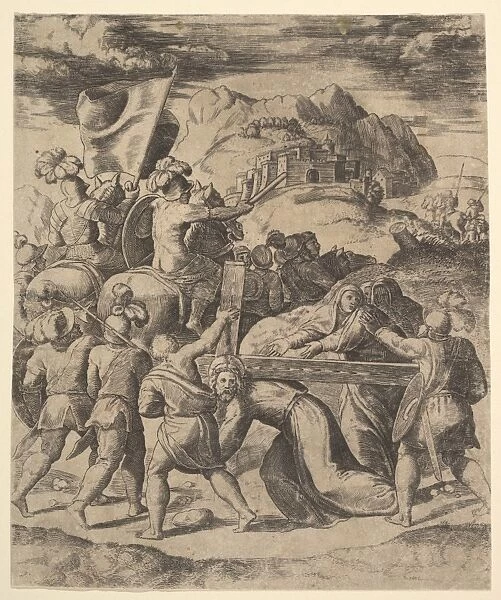 Christ carrying cross surrounded soliders several