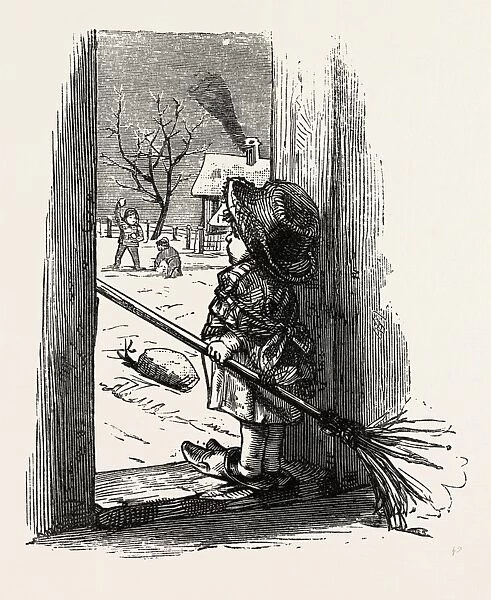 Cleaning the Doorstep, child, ENGRAVING 1882