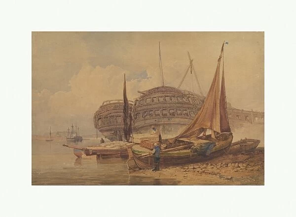 Coastal Scene Beached Boats Foreground 19th-mid 19th century