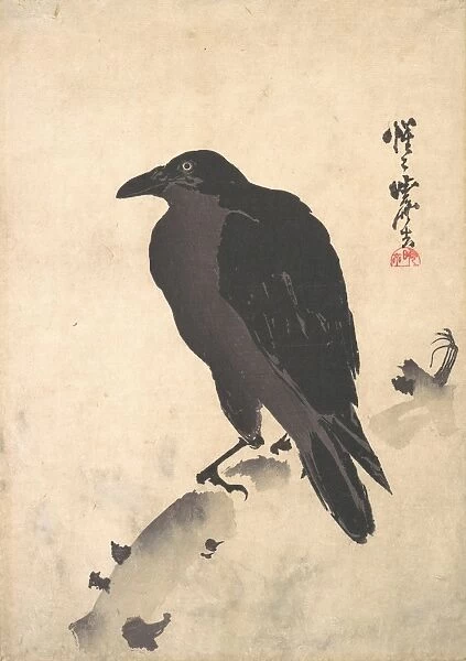 Crow Resting Wood Trunk Japan Polychrome woodblock print