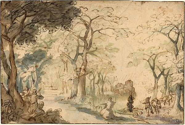 David Vinckboons, Dutch (1576-c. 1632), Landscape with Elisha Mocked, c. 1610, pen