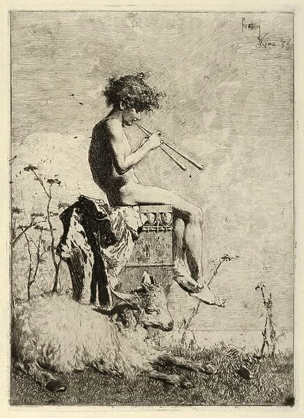 Drawings Prints, Print, Idyll, youth, seated, outdoors, plinth, playing, double flute