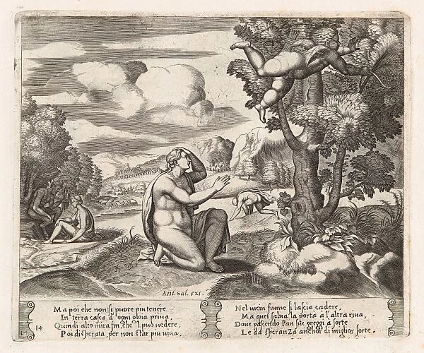 Drawings Prints, Print, Psyche, kneeling, foreground, Cupid, flees, Story told Apuleius