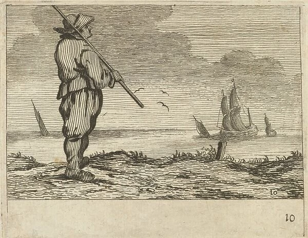 Dune landscape with a man watching a ship, Gillis van Scheyndel (I), Jan Porcellis, 1645