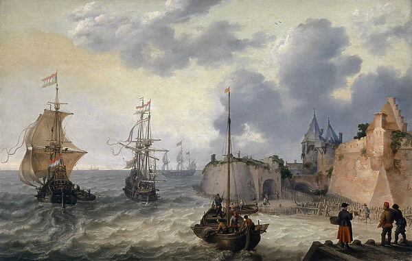 Dutch port sailing ships oil oak 54. 5 x 85. 5 cm