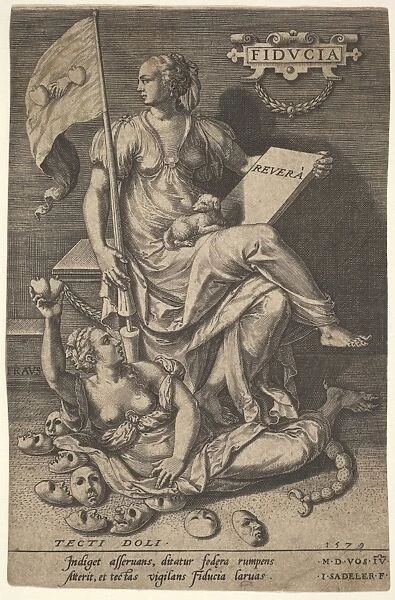 Fiducia seated woman holds book banner turning