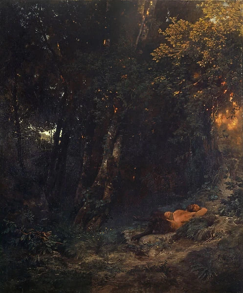 Forest Landscape Resting Pan c. 1855 oil canvas