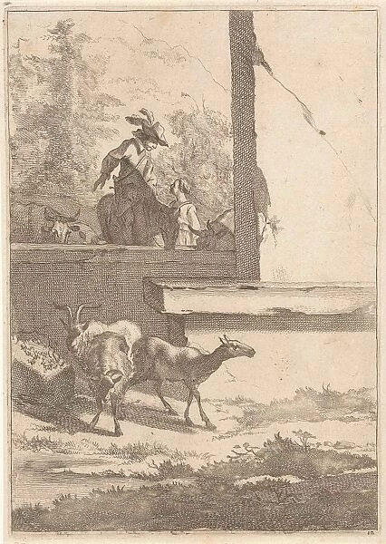 Goats and one rider at a wall, Jan de Visscher, Nicolaes Pietersz. Berchem, 1643 - 1692
