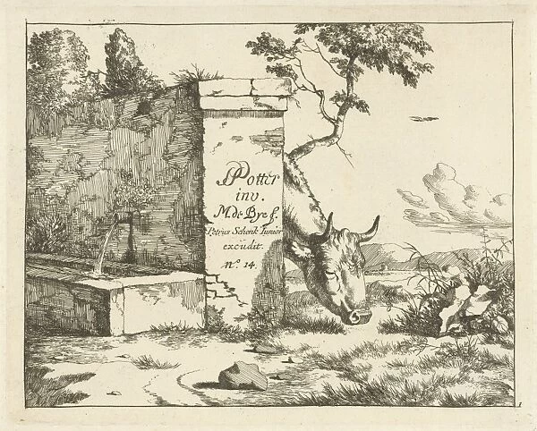 Grazing cattle behind wall, Marcus de Bye, Pieter Schenk (II), 1728 - 1768