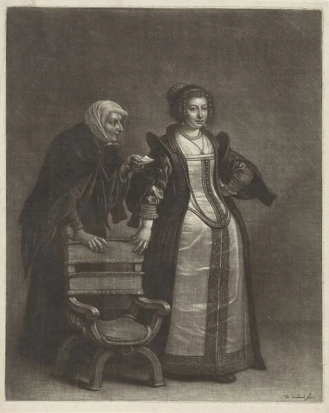 Handing letter old woman leans chair hands young woman holding
