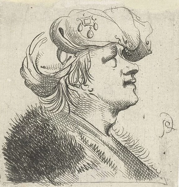Head of a young man with a pearl turban on his head, print maker: Pieter Jansz. Quast
