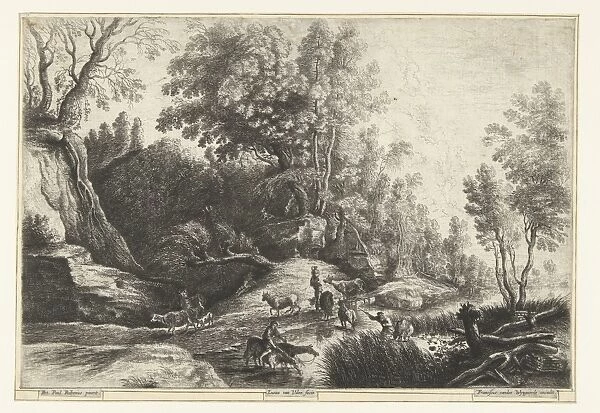 Horses and cows at a watering hole, Lucas van Uden, Frans van den Wijngaerde, 1615-1673