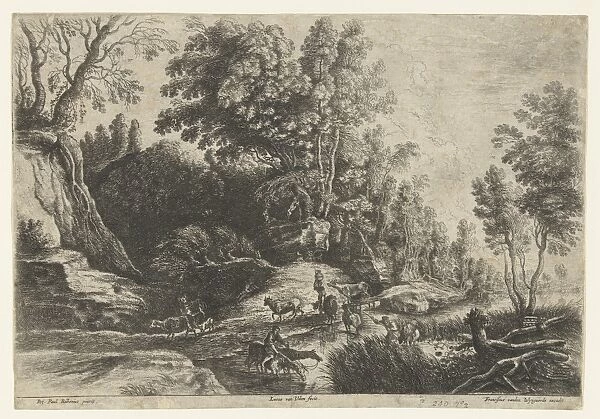 Horses and cows at a watering, Lucas van Uden, Frans van den Wijngaerde, 1615 - 1673