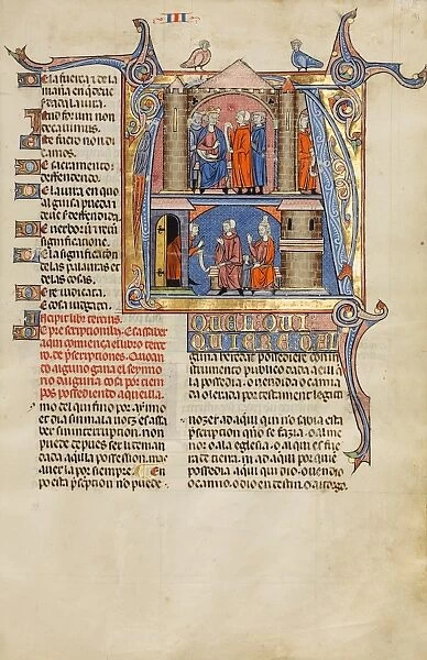 Initial A: Two Men before a King and A Man Speaking to a Family