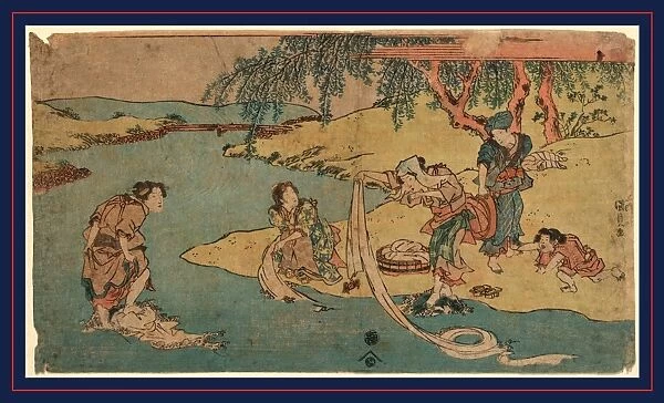 Kawa de no sentaku, Washing clothes in the river. Utagawa, Toyokuni, 1786-1865, artist