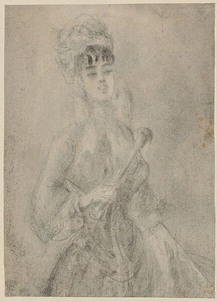 Lady fan. Half figure picture pencil washed verso