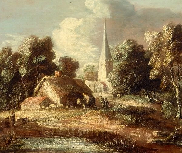 Landscape with cottage and church Landscape with a Church, Cottage, Villagers and Animals