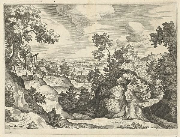 Landscape with the Good Samaritan, print maker: Johann Sadeler I, Hans Bol, 1580 - 1600