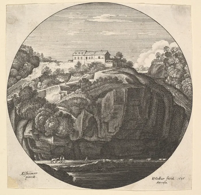 Framed Print : Landscape with Cliffs Etching Print 1646 Framed Print : Landscape with Cliffs Etching Print 1646